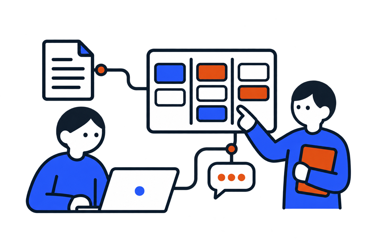 社員がAIとつながるITツールを使い、日々の業務を進めるイメージ