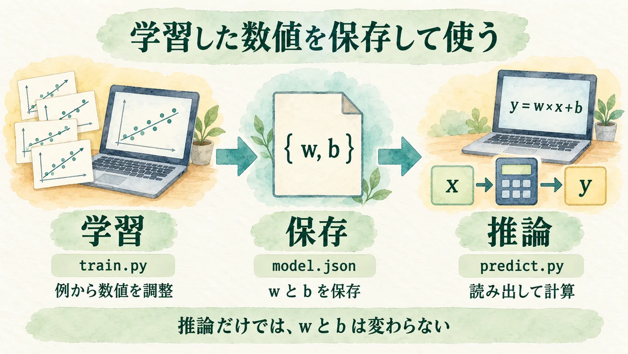学習コードtrain.pyがwとbを調整しmodel.jsonに保存、predict.pyがその数値を読み出して推論する流れ