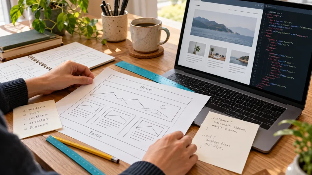 紙に描いたWebページの構成とノートパソコンの画面を照らし合わせる学習者の手元