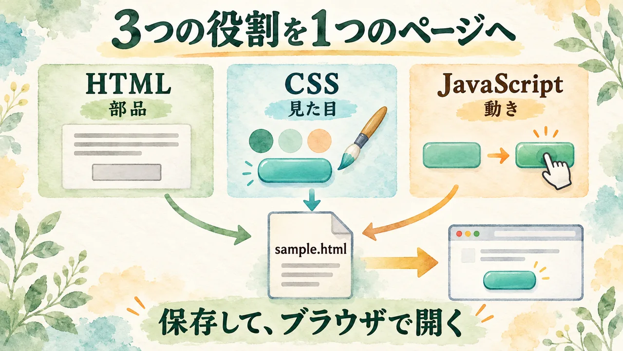 HTMLは部品、CSSは見た目、JavaScriptは動きを担当し、sample.htmlに記述してブラウザで開く関係を示す水彩図