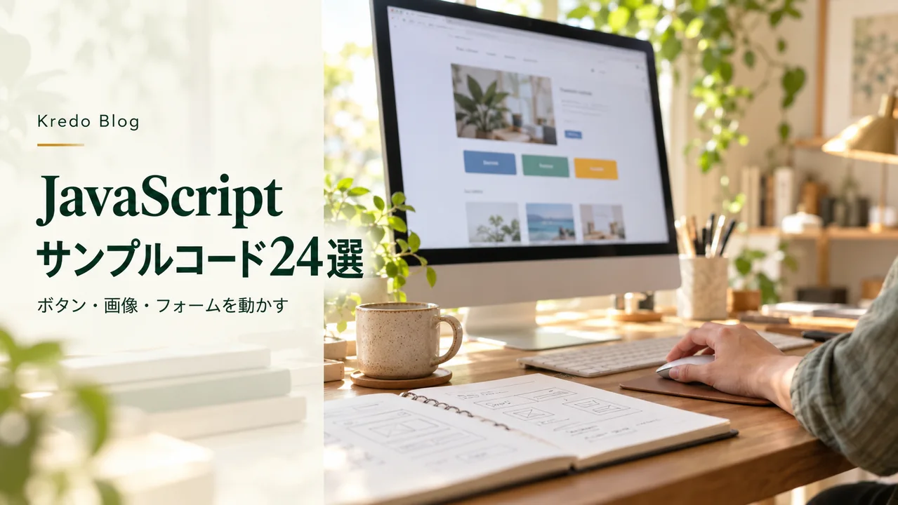 モニターのWebページと手元の構成メモを見ながらマウスを操作する、JavaScript学習の写真風イメージ