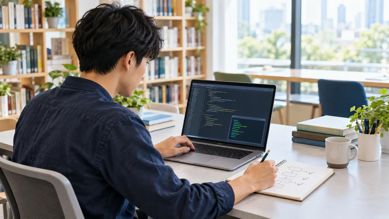 図書館の机でPythonのコードの実行結果を確認し、ノートに手順を書き留める学習者のイメージ