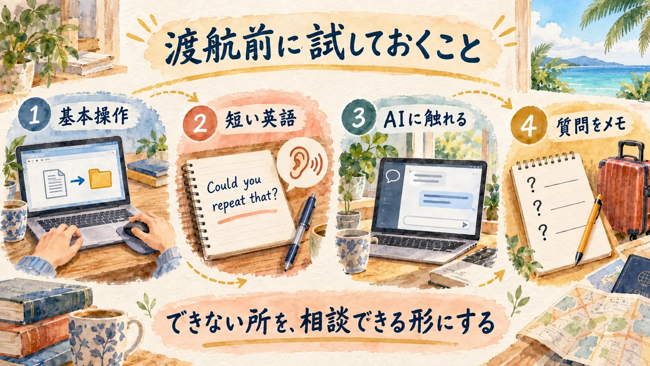 渡航前に基本操作、短い英語、AIの操作を試し、分からないことを質問としてメモする四つの準備