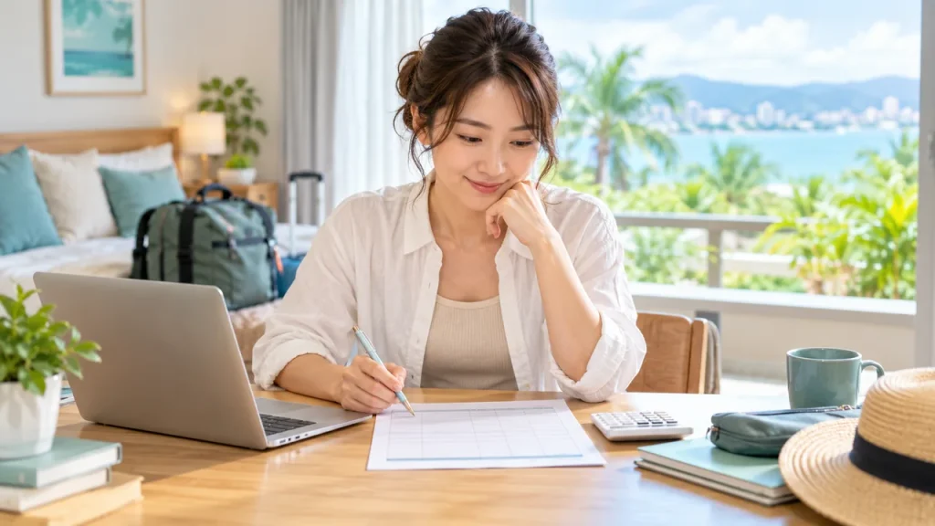留学の予算表を見ながら費用を整理する社会人のイメージ（AI生成）