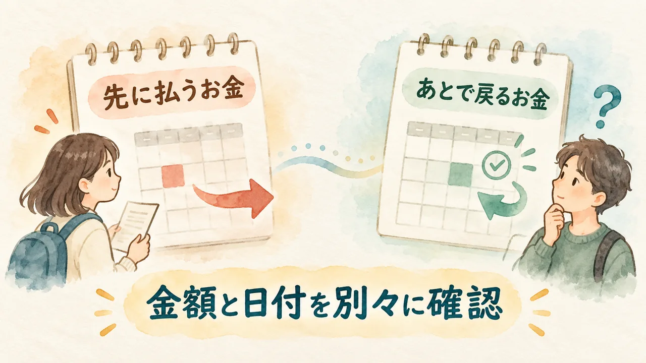 先に払うお金と、条件を満たした後に戻るお金の金額と日付を別々に確認する図