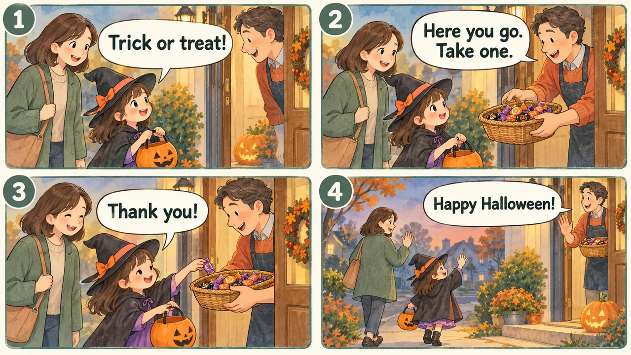 子どものTrick or treatから、大人のお菓子の案内、Thank you、別れのHappy Halloweenへ続く4コマ会話