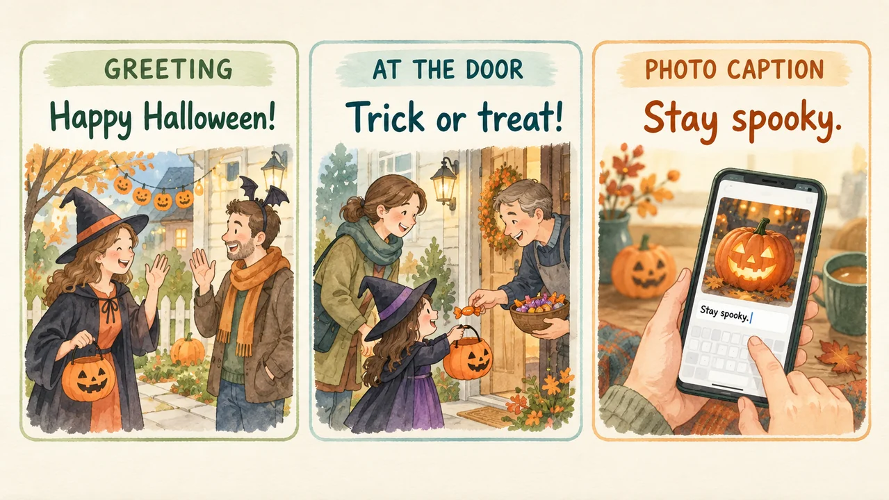 挨拶のHappy Halloween、玄関先のTrick or treat、写真のStay spookyを3場面で比較する水彩図
