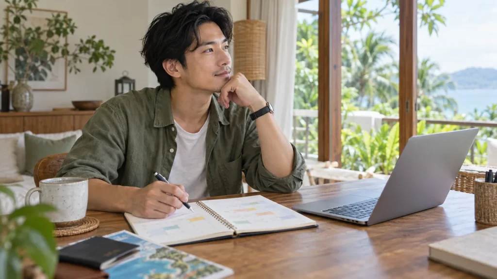 留学前に英語とAIの学習計画をノートとパソコンで整理する社会人のイメージ