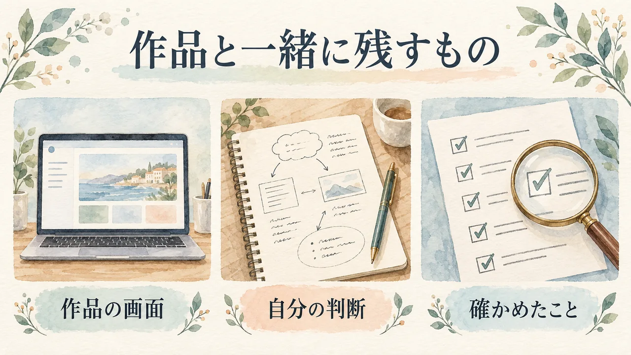 作品の画面・自分の判断・確かめたことを学習記録として残す水彩図