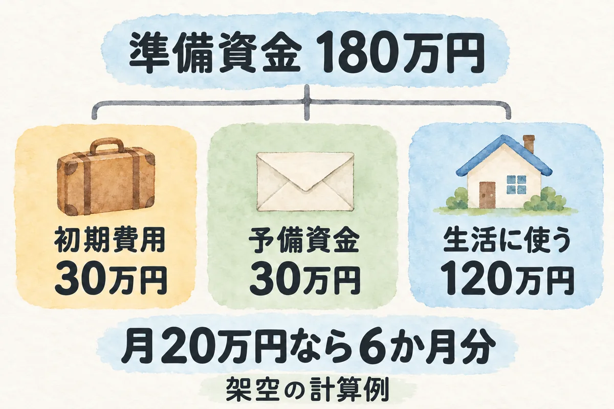準備資金180万円を初期費用30万円、予備資金30万円、生活に使う120万円に分け、月20万円なら6か月分とする架空例