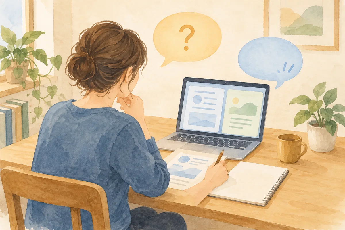 架空の学習者が資料とパソコンの表示を照合し、質問を考える水彩イラスト
