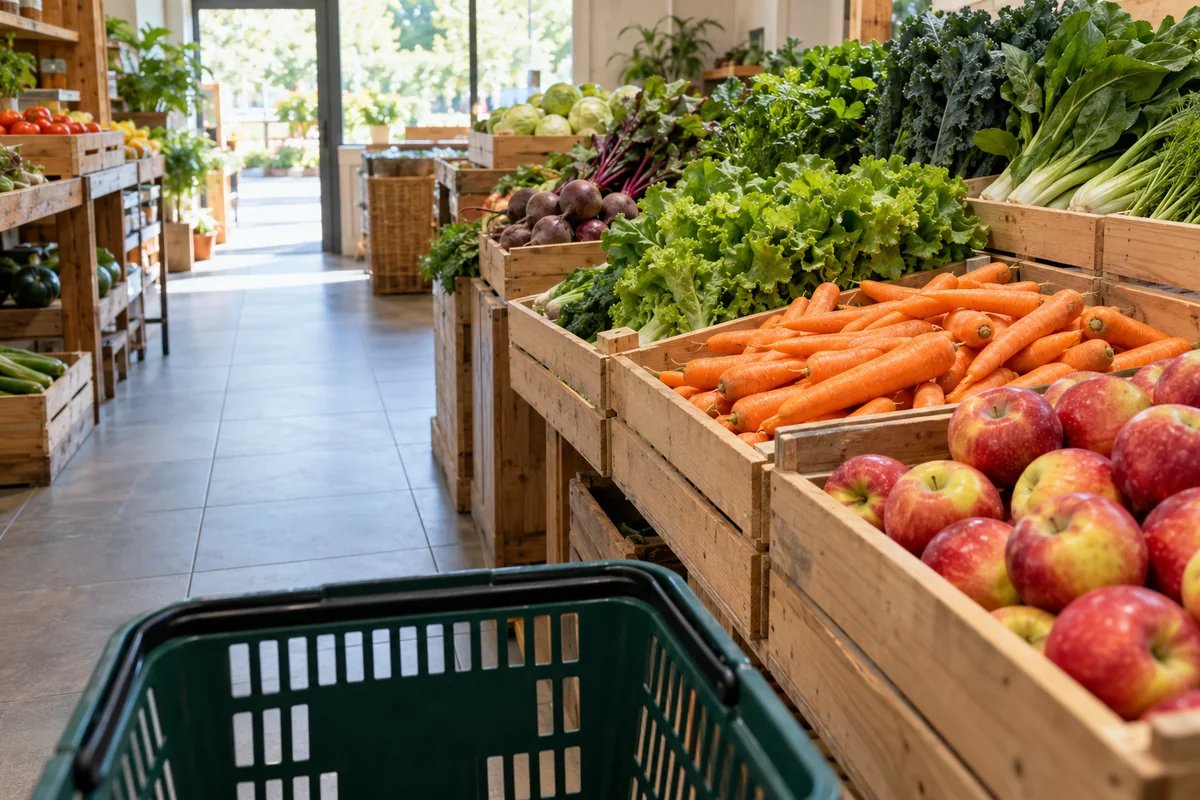 買い物かご越しに野菜売り場を見て、日常の買い物環境を観察するイメージ