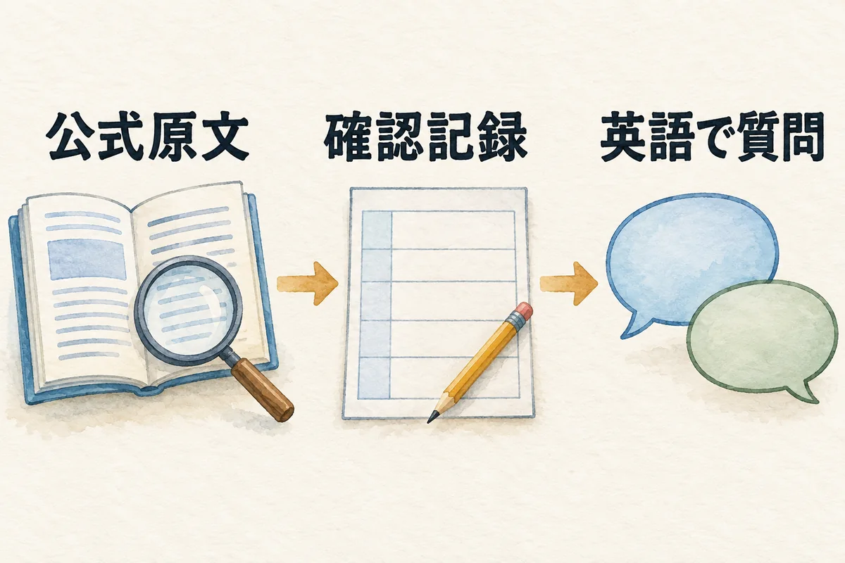 公式原文を読み、確認記録を残し、不明点を英語で質問する3段階の流れ
