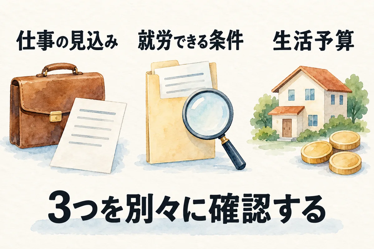 仕事の見込み、就労できる条件、生活予算の3つを別々に確認する図