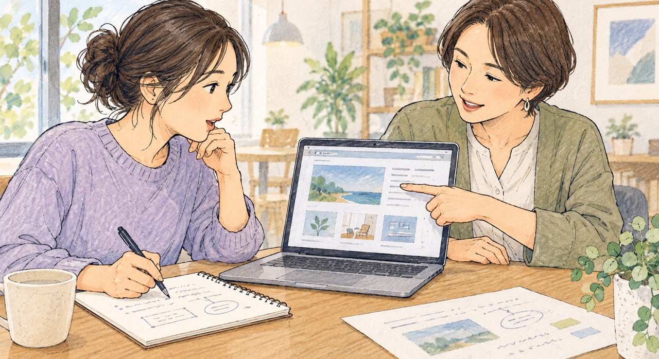試作した画面を見せ、講師に疑問点を確認する成人の学習場面のイメージ