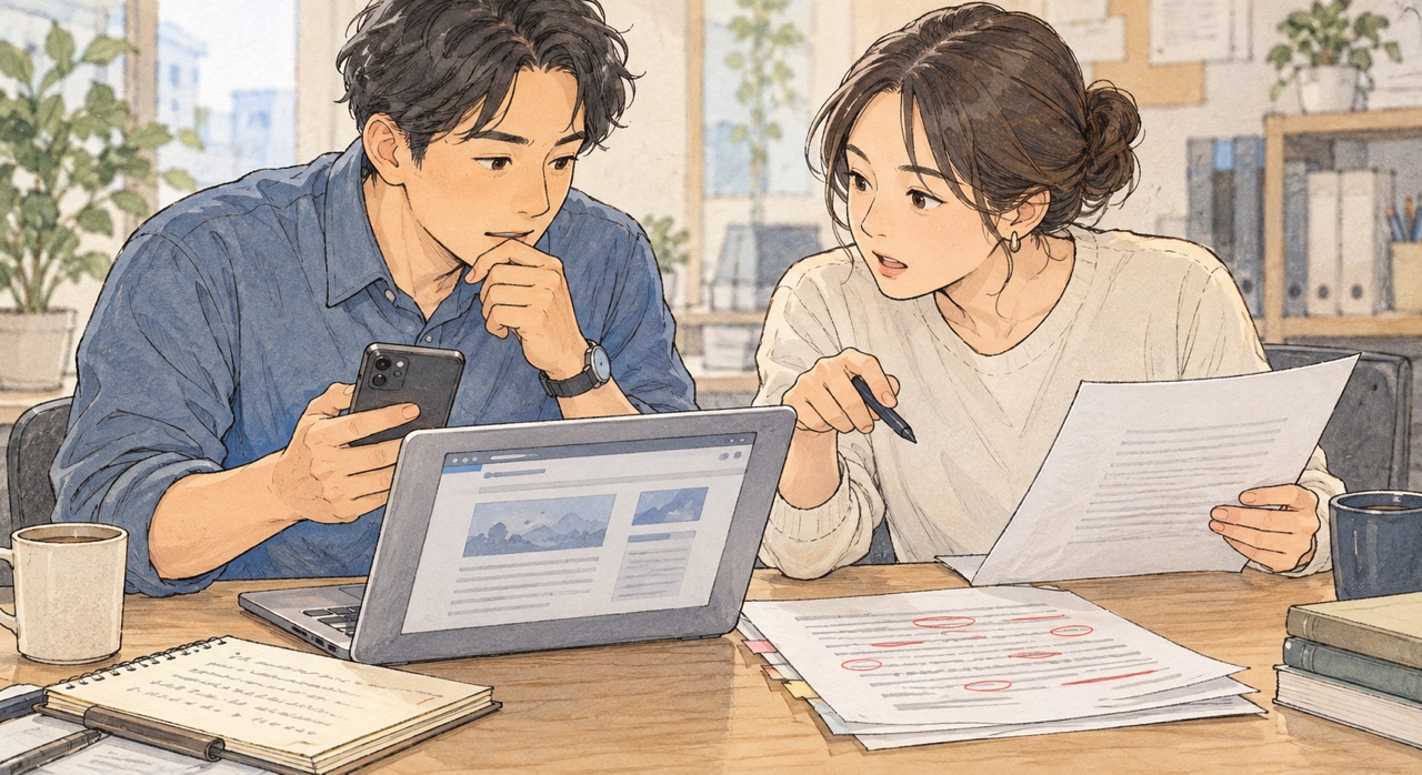 案内ページと元資料、修正記録を同僚と照らし合わせる社会人のイメージ