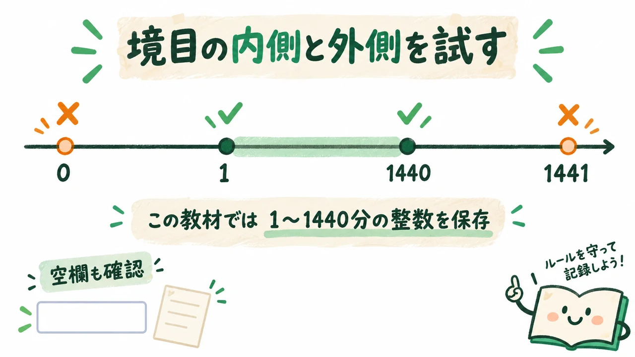 1から1440の整数を受け付ける教材で0、1、1440、1441を確認する境界値テスト