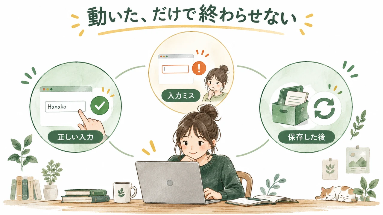 正しい入力、入力ミス、保存後の3つを確かめるテストの図解