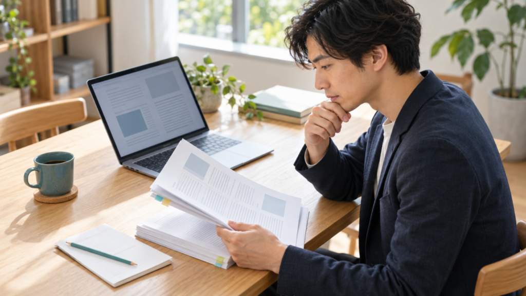 ノートPCと印刷した報告書を見比べる担当者のイメージ