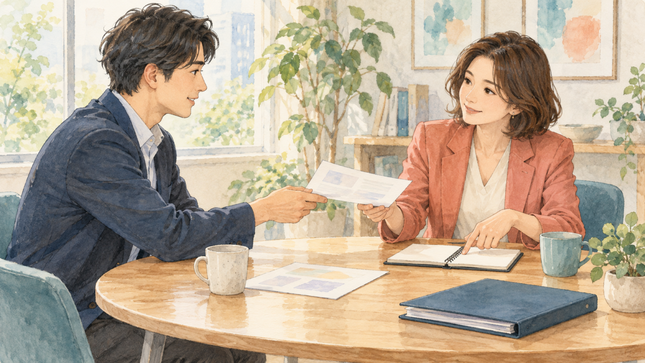 出典付きのメモを上司に渡し、追加確認を相談する場面のイラスト