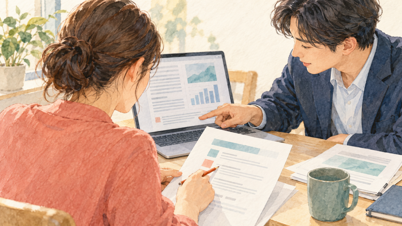 要約メモと原文の注記を同僚と照合する場面のイラスト