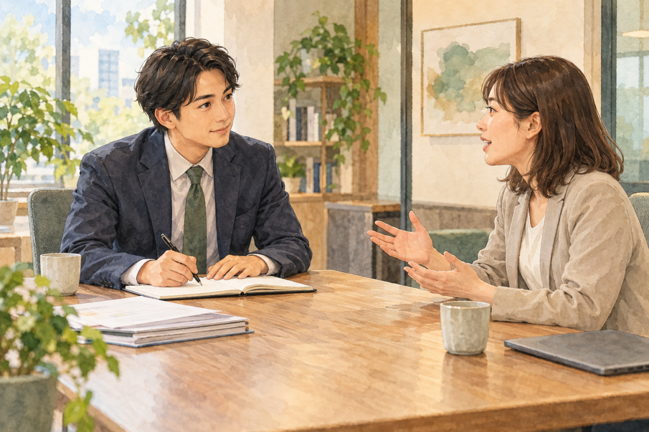 担当者が相手の話を聞きながらノートへ記録する水彩イラスト