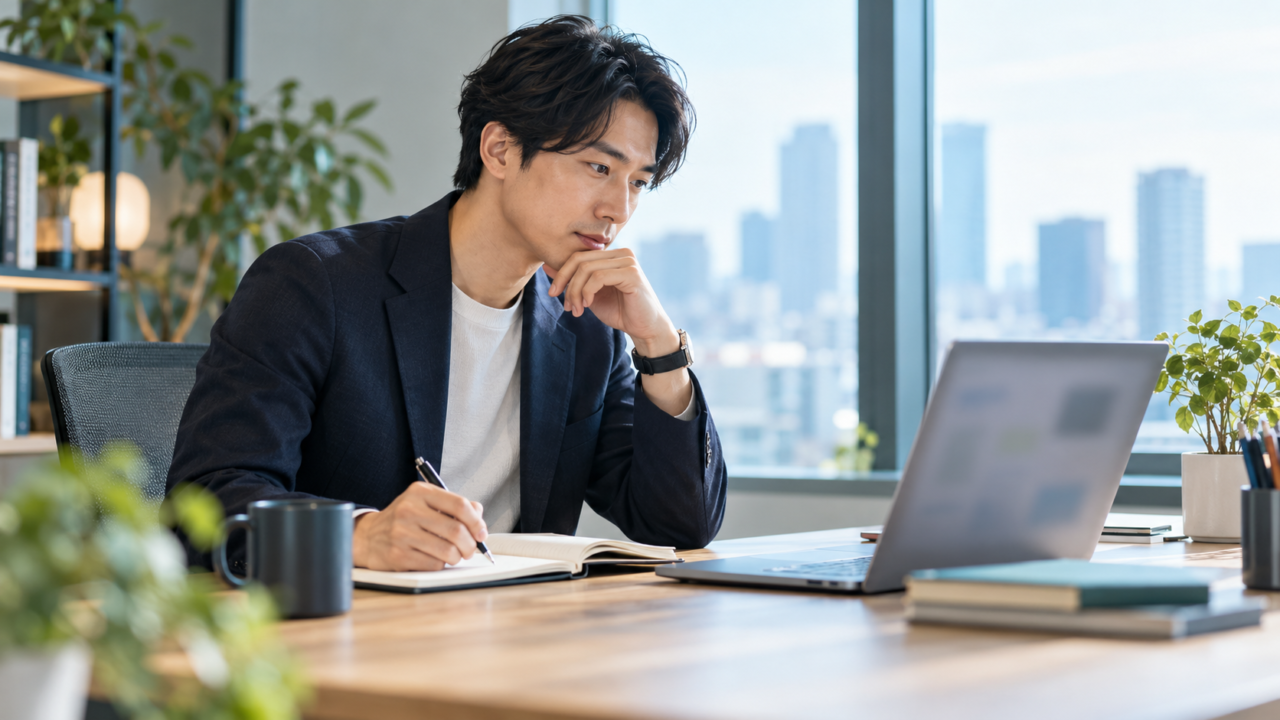 商談前に公開情報を見ながらノートで質問を準備する人物のAI生成イメージ
