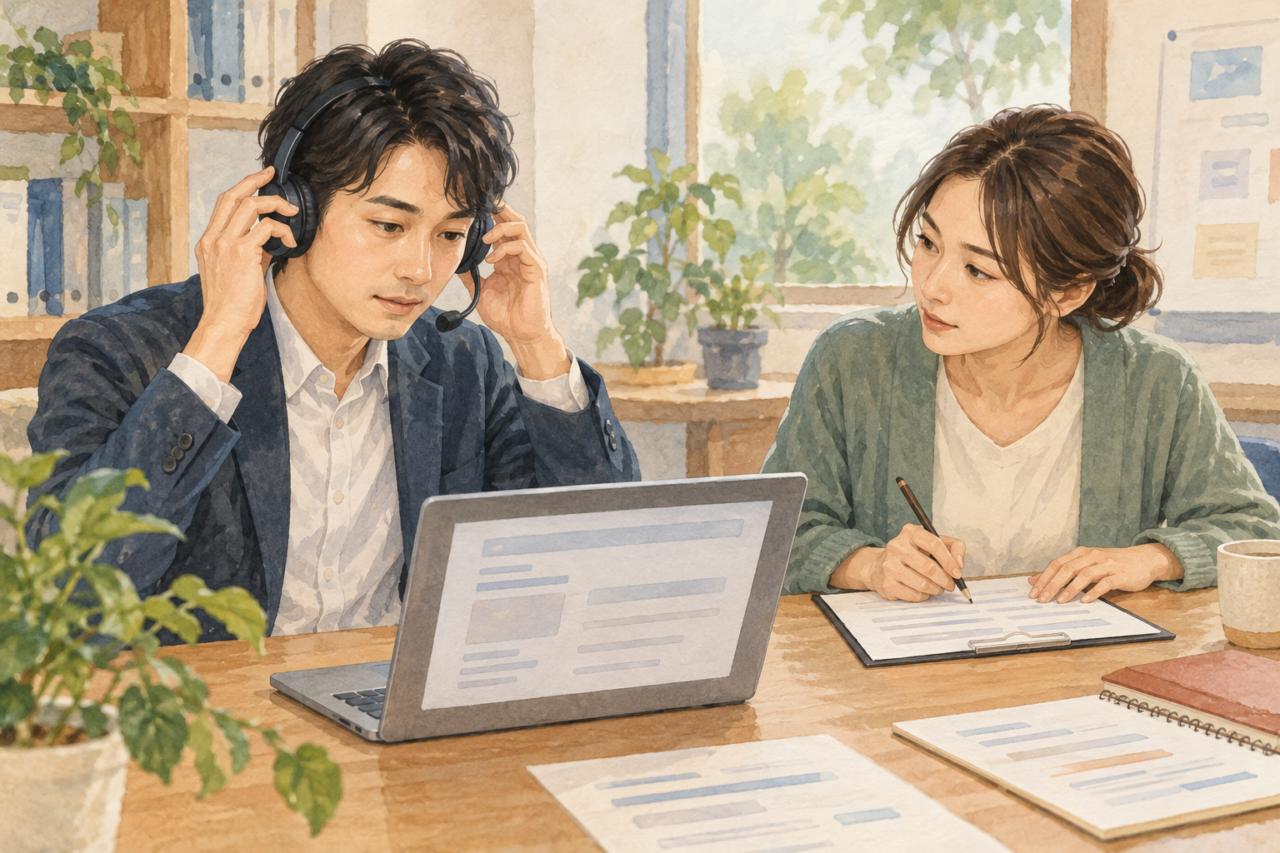 ヘッドセットとPCの接続を同僚と試し、確認条件を紙に記録する場面のイラスト