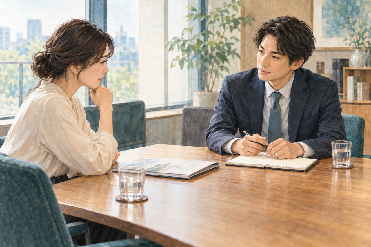 商談の説明をいったん止め、資料から顔を上げて相手の意向を聞いている提案担当者のイラスト