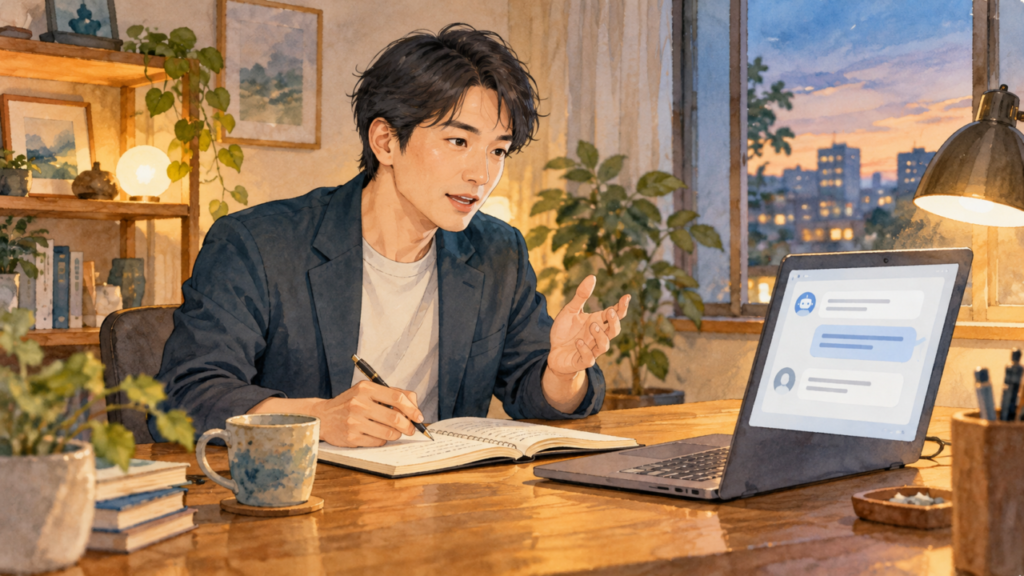 対話AIを開いたノートパソコンに向かい、メモを取りながら営業の返答を声に出して練習する人のイラスト