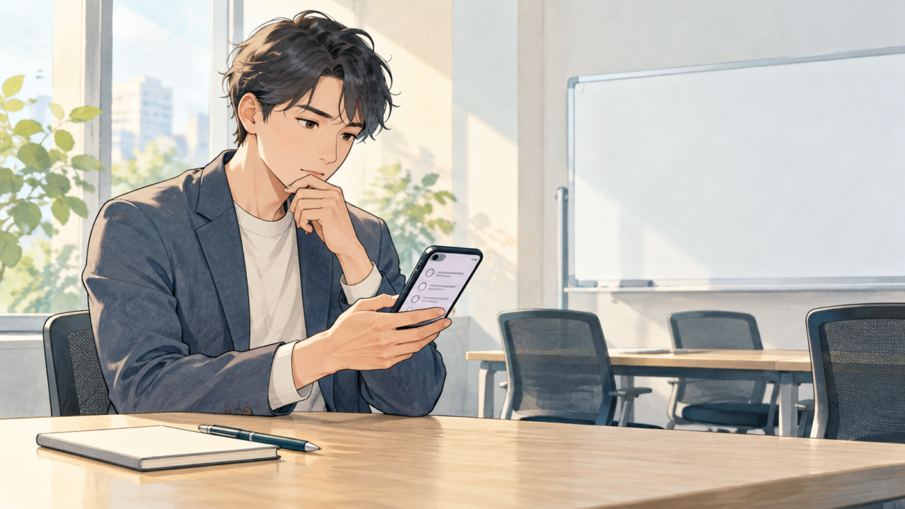 勉強会後にスマートフォンで設問を読み、回答を考える参加者のイラスト