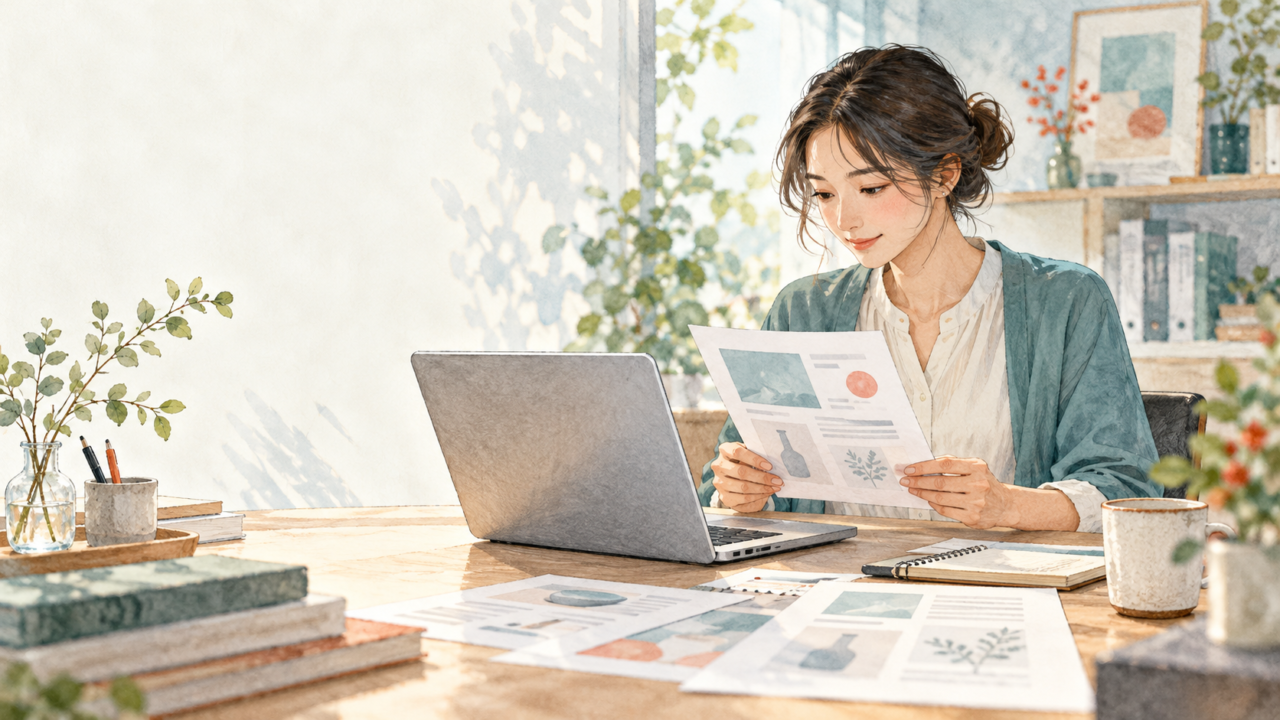 紙の商品資料とノートPCを見比べる担当者のイラスト