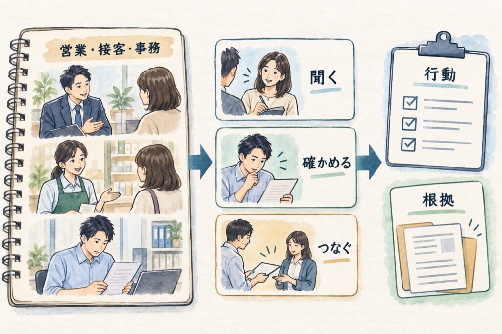 営業・接客・事務の仕事を、聞き取り・確認・引き継ぎに分け、行動と根拠へ整理する図