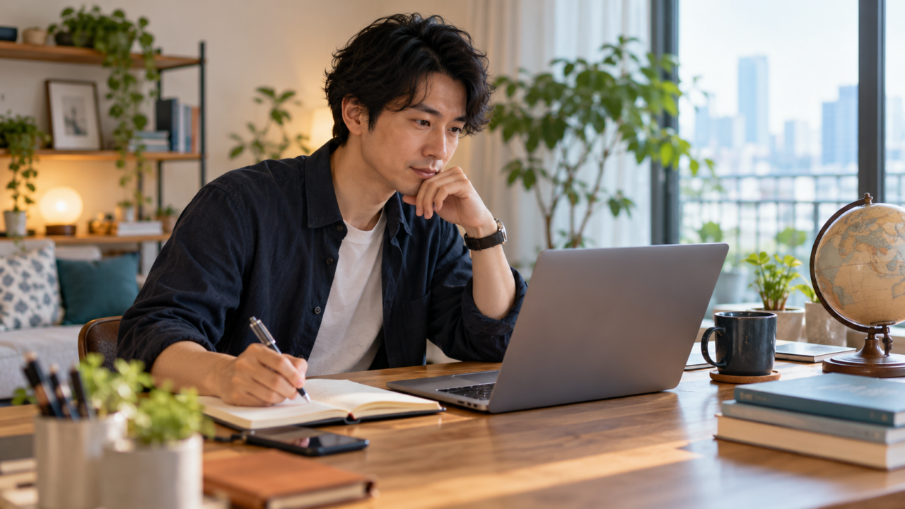 ノートパソコンの前で資料を見ながら小さな海外キャリア実践を計画する人物のイメージ