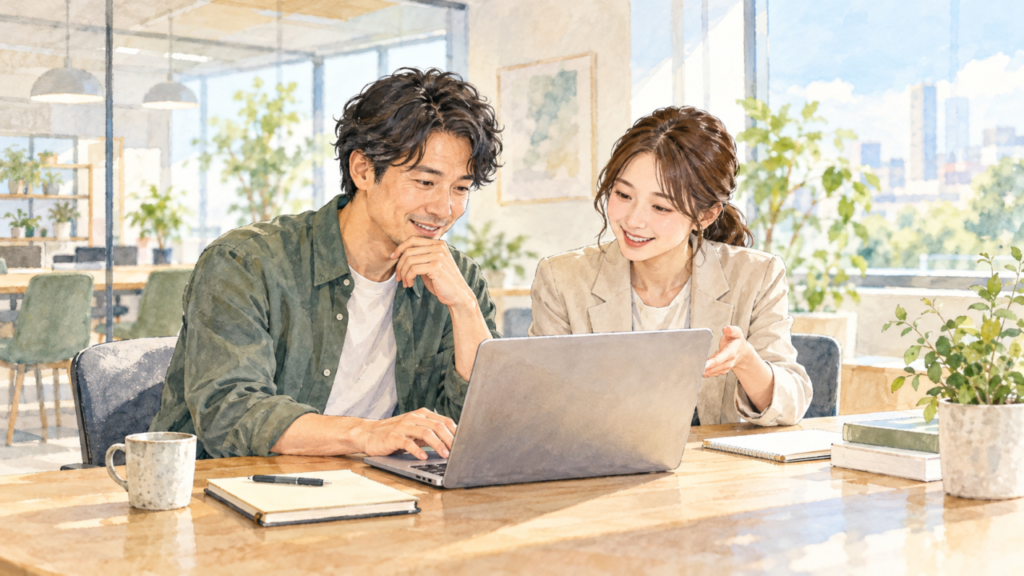 顧客がノートPCを操作し、隣のカスタマーサクセス担当者が使い方を説明する場面のイラスト
