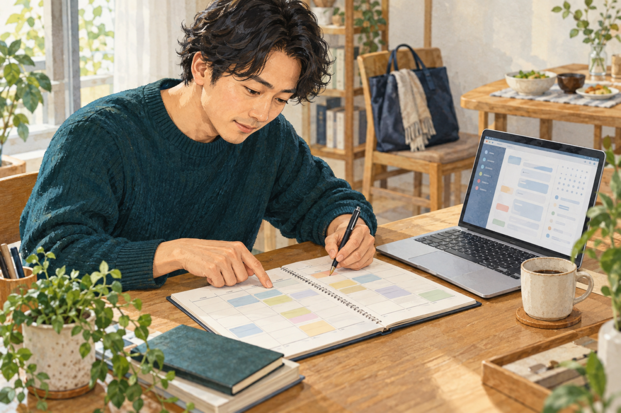 担当者が机の週間表とPCの予定を見比べ、夜の会議と生活の予定を確認している。