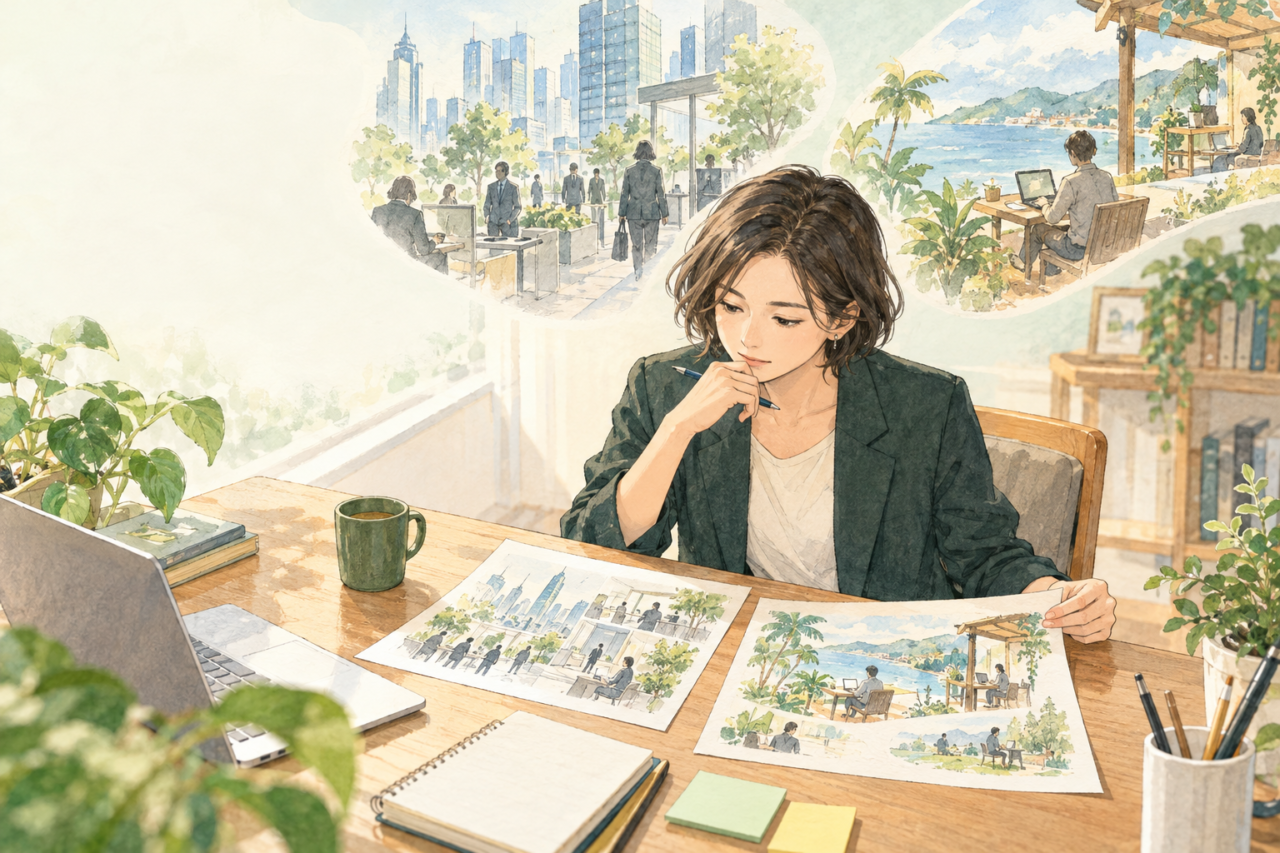 現在の仕事の経験と二つの転職ルートを机上で比較する人物のイラスト