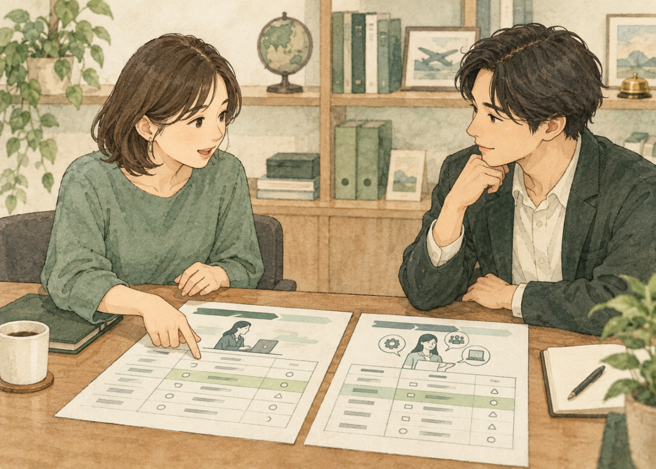 二つの進路案と不足する経験を比較表で確かめる2人のイラスト