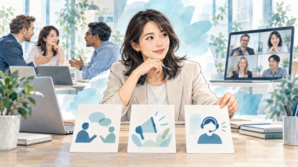 日本の顧客対応と海外チームとの連携をイメージした人物イラスト