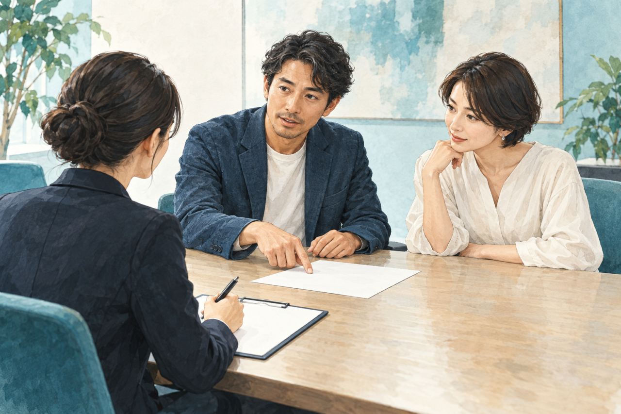 顧客の質問と社内で確認したい点を、対面の打ち合わせで整理する担当者のイメージ