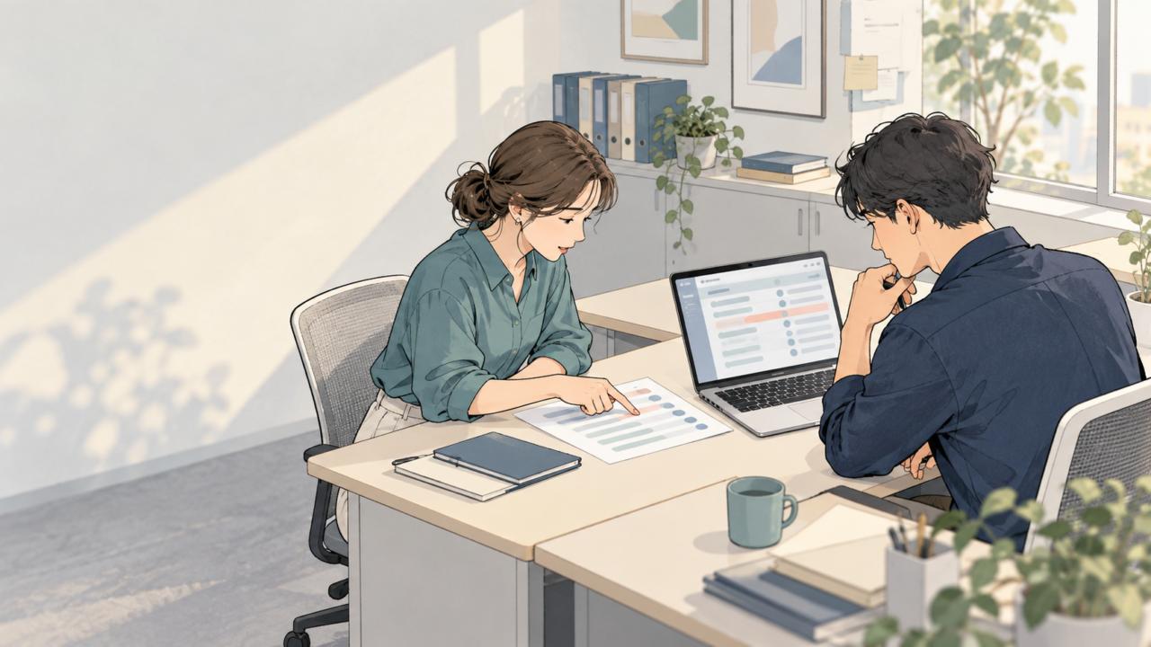 資料と画面を照合する2人の担当者を描いた、オペレーション業務のイメージ