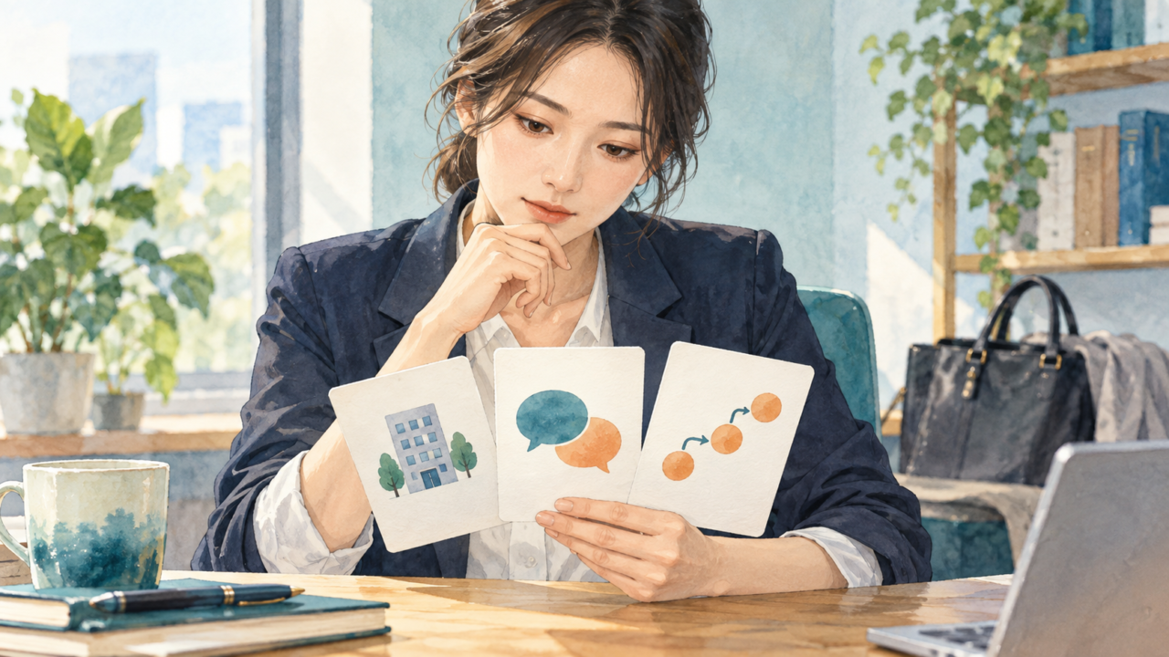 勤務地と担当する顧客、営業の役割を整理する人物のイラスト