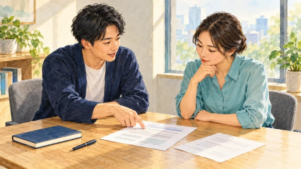 職務の資料と経験のメモを使い、社内の担当者にキャリアの希望を相談する会社員（AI生成の編集イラスト）