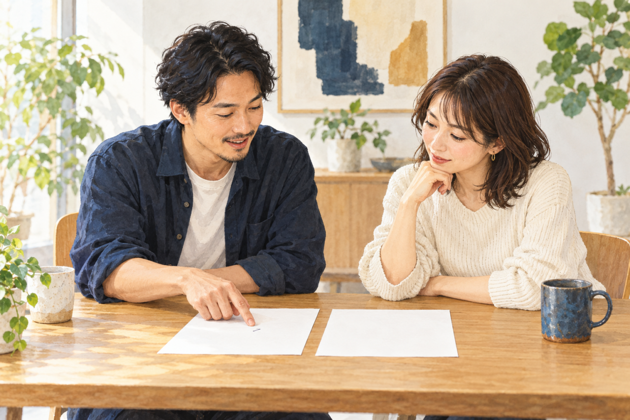 調べた企業情報と、自分が担当したい仕事を紙のメモで比較する二人のイメージ