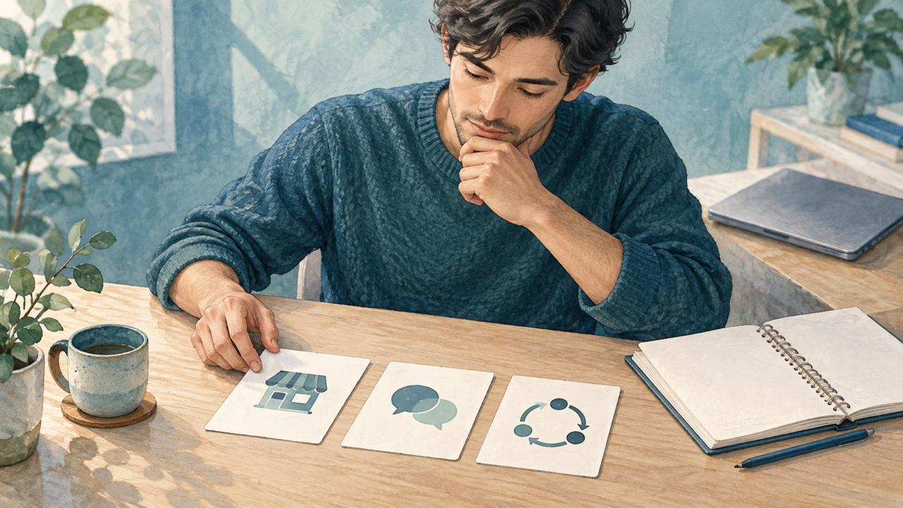 商品・顧客・事業の資料を整理して応募先を考える人物のイラスト