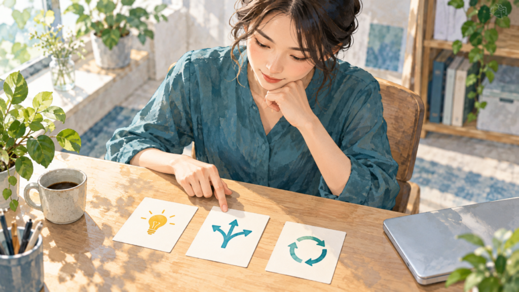 企画・運用・改善の資料から応募先に合う事例を選ぶ人物のイラスト