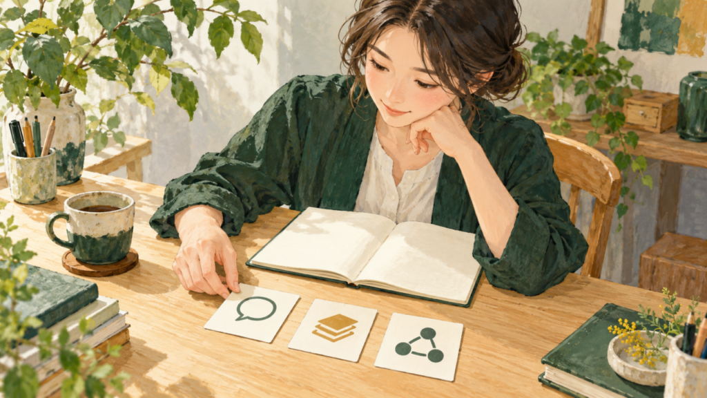 接客・事務・調整で担当した仕事をカードに整理する人物のイラスト
