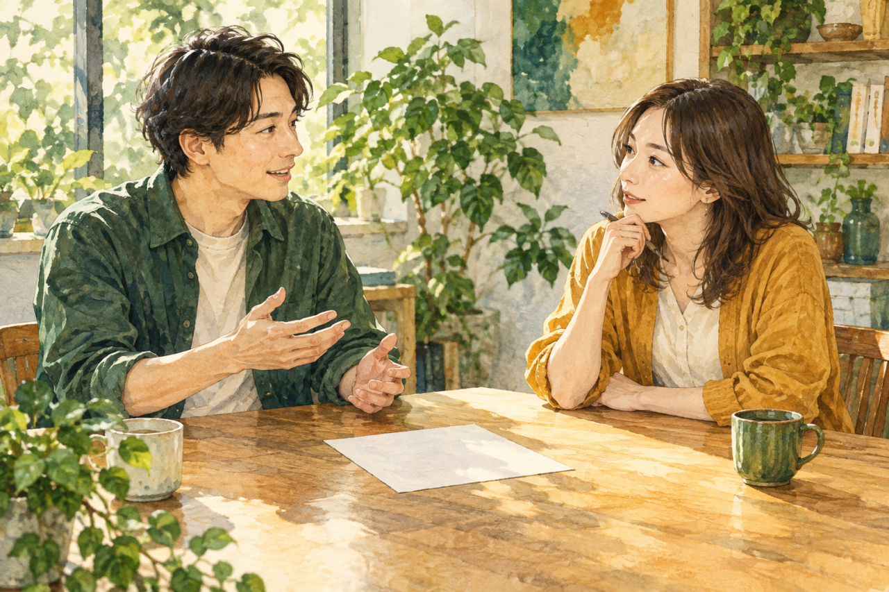 自分が担当した仕事の説明を相手と練習する二人のイメージ