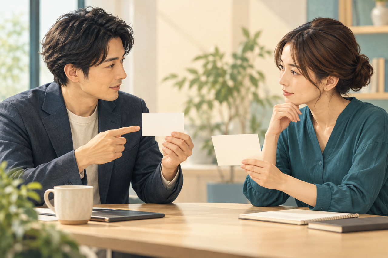 担当者と説明の用途や共有範囲を確認する架空の相談場面
