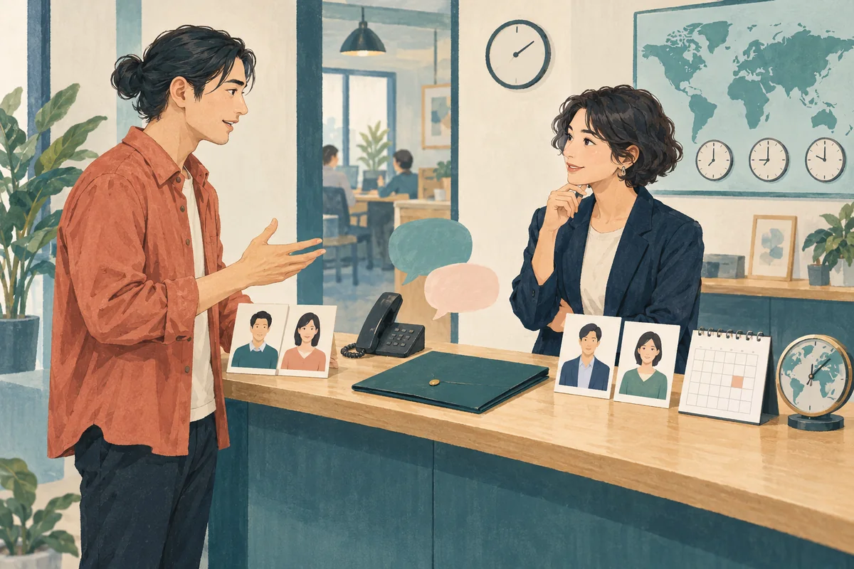 応募者と採用担当者が、推薦者候補、方法、連絡時期、情報の扱い、期限、代替候補を相談する架空の場面